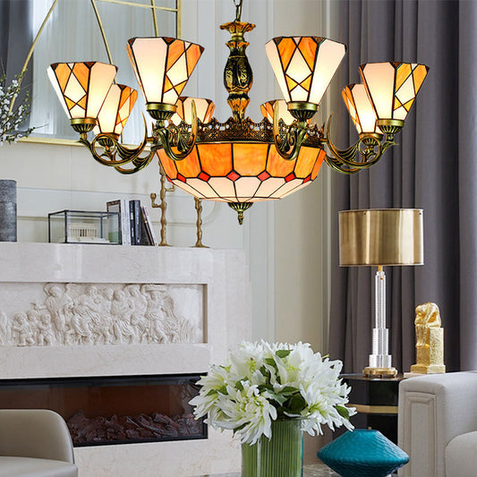 Lustre vintage en vitrail avec 11 lampes suspendues jaunes