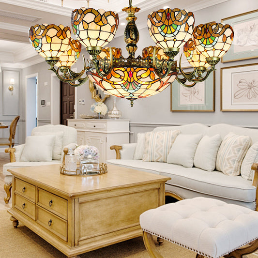 Lustre à plusieurs lumières en vitrail à hauteur réglable avec chaîne en métal