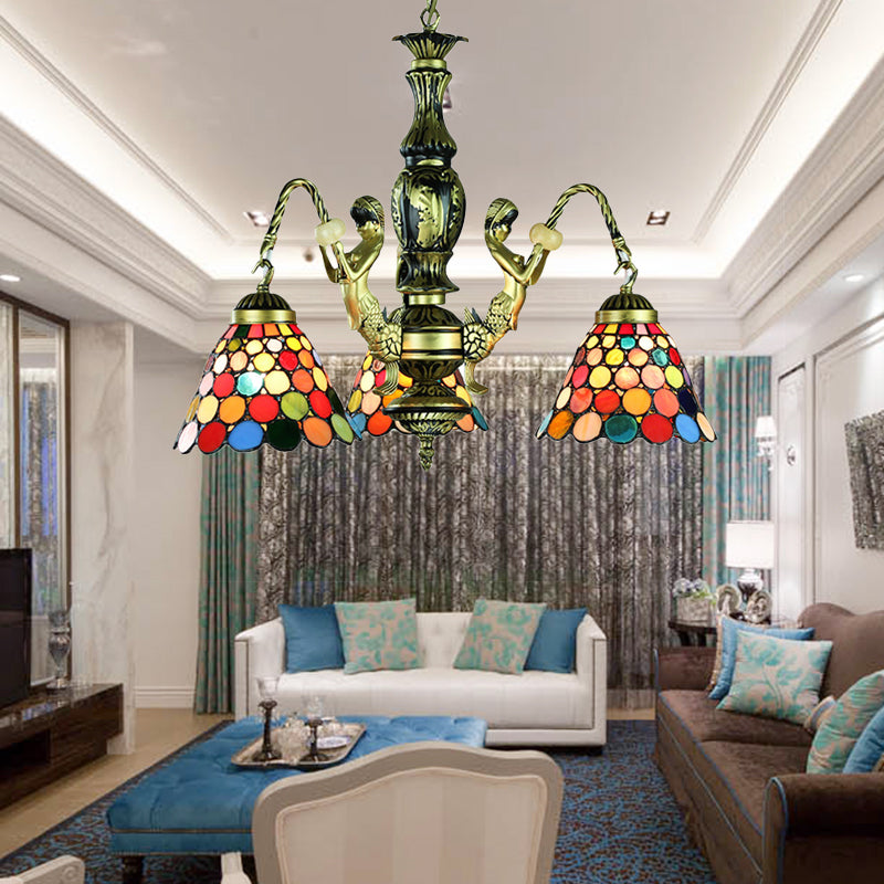 Antique Bronze Bell Chandelier Lamp with Tiffany Stained Glass, 3 Lights and Mermaid Arm