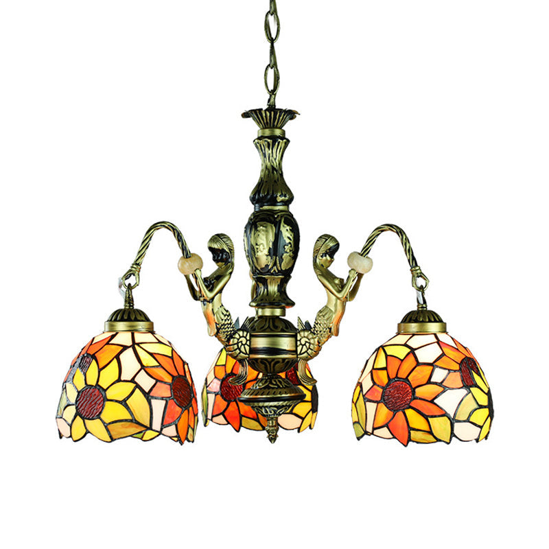 Baroque Orange Chandelier with Stained Glass Sunflower Shade and 3 Lights for Dining Room Ceiling