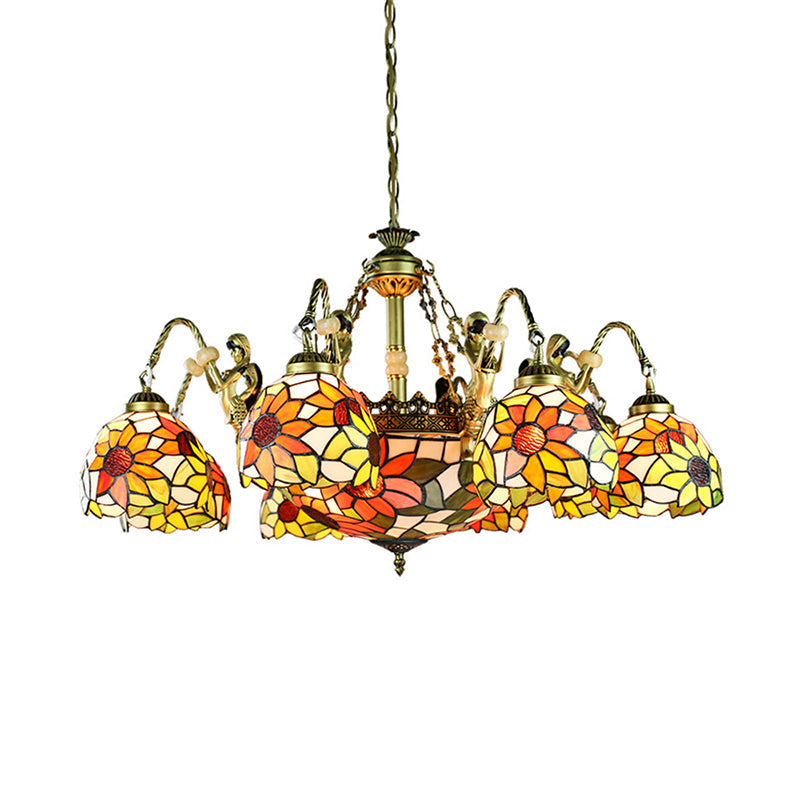 Sunflower Tiffany Cut Glass Pendant Chandelier with 9/11 Tribute Lights in Orange for Bedroom