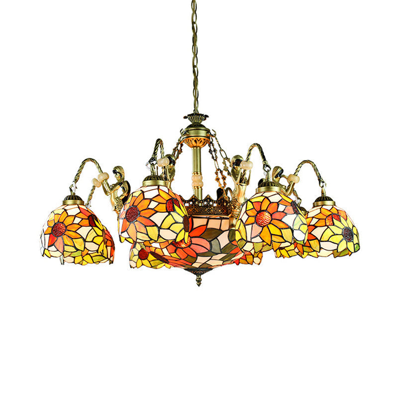 9/11 Lights Tiffany Sunflower Cut Glass Chandelier Pendant Lamp - Orange For Bedroom