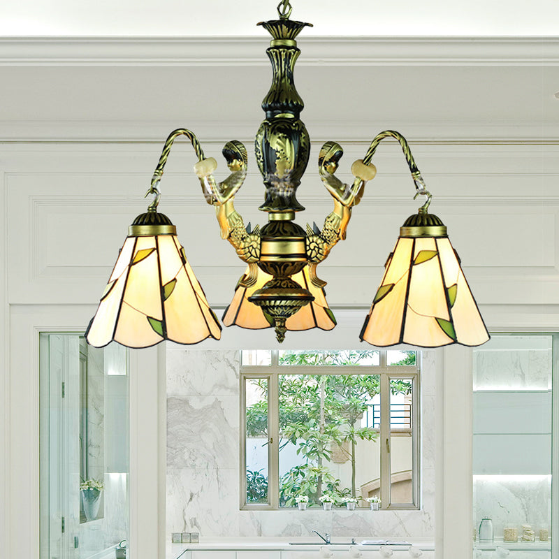 Lustre Tiffany beige à 3 lumières : suspension en verre taillé sirène pour salle à manger