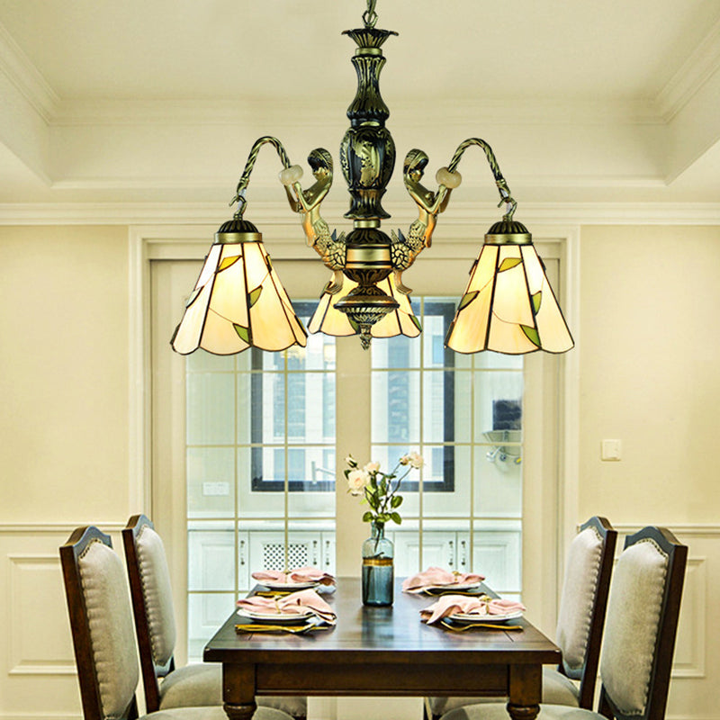Lustre Tiffany beige à 3 lumières : suspension en verre taillé sirène pour salle à manger