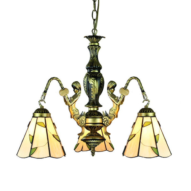 Lustre Tiffany beige à 3 lumières : suspension en verre taillé sirène pour salle à manger