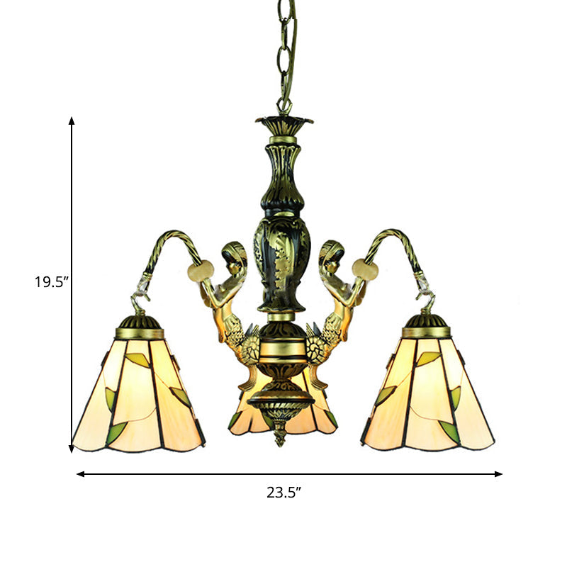 Lustre Tiffany beige à 3 lumières : suspension en verre taillé sirène pour salle à manger