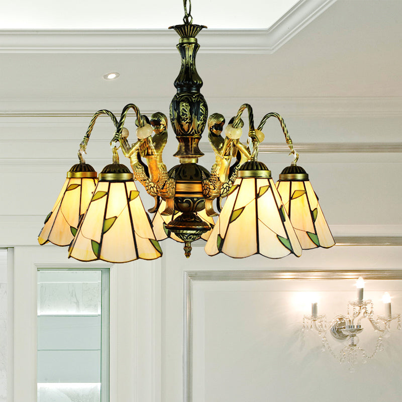 Lustre à suspension conique - Luminaire de style Tiffany à 5 lumières en beige avec accents en verre taillé
