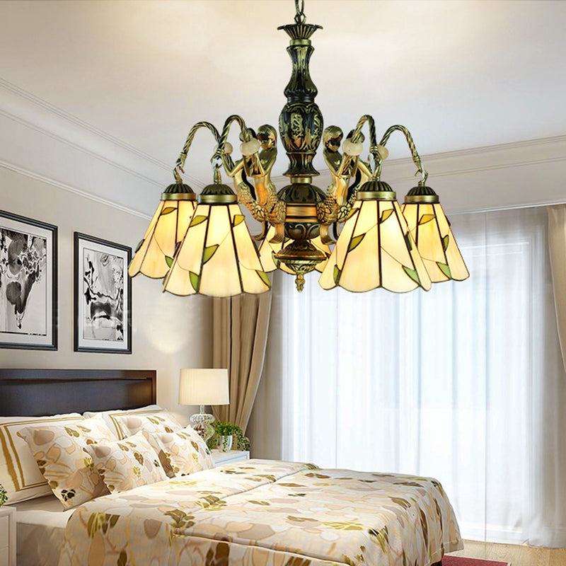 Lustre à suspension conique - Luminaire de style Tiffany à 5 lumières en beige avec accents en verre taillé
