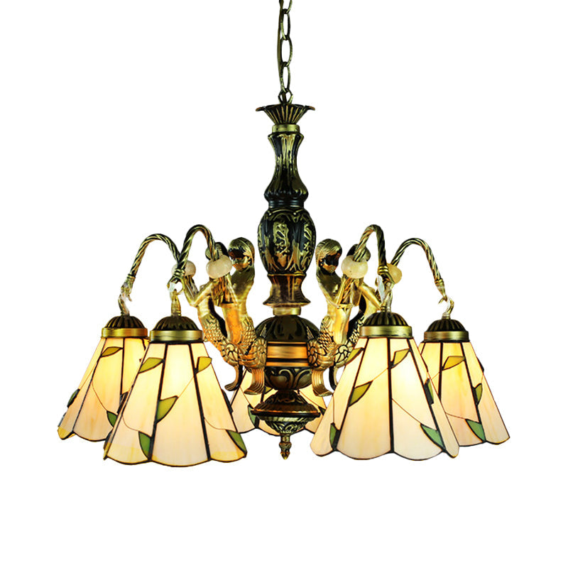Lustre à suspension conique - Luminaire de style Tiffany à 5 lumières en beige avec accents en verre taillé