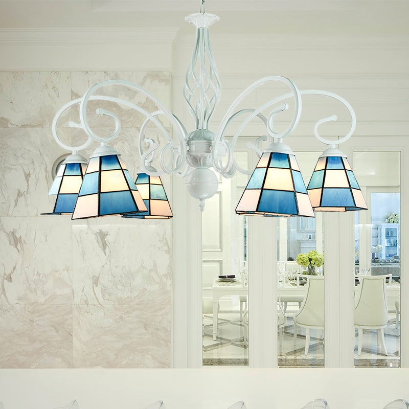 Lustre méditerranéen en forme de cône, bras courbé, 6/8 têtes, suspension en verre bleu - Idéal pour les salons