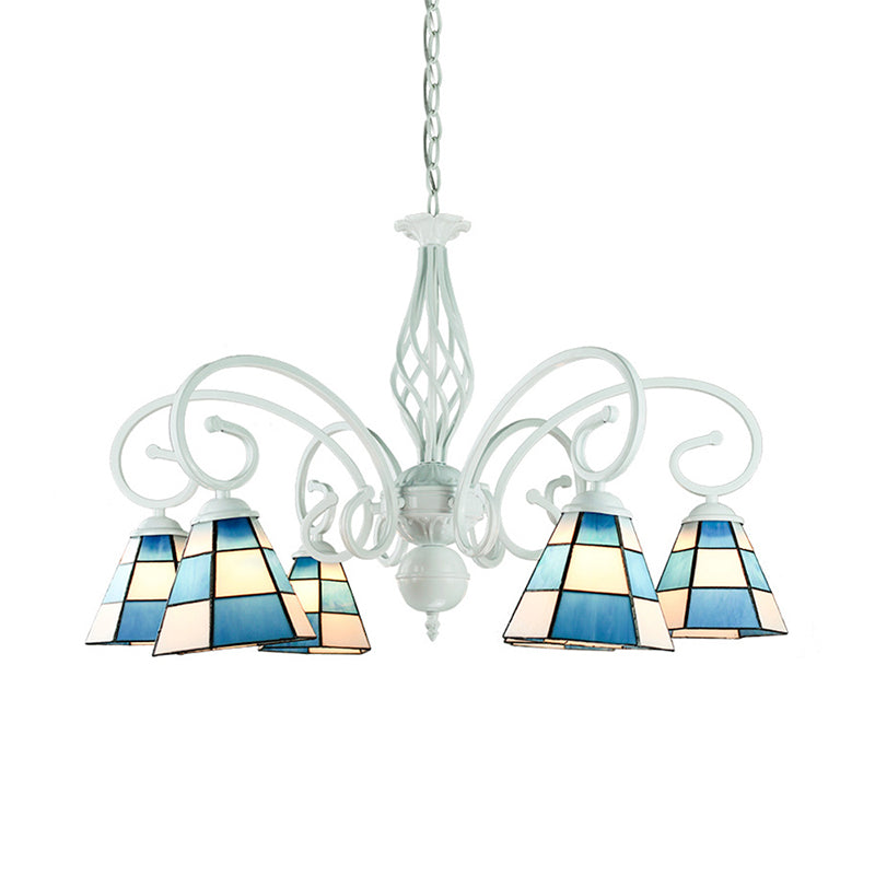 Lustre méditerranéen en forme de cône, bras courbé, 6/8 têtes, suspension en verre bleu - Idéal pour les salons