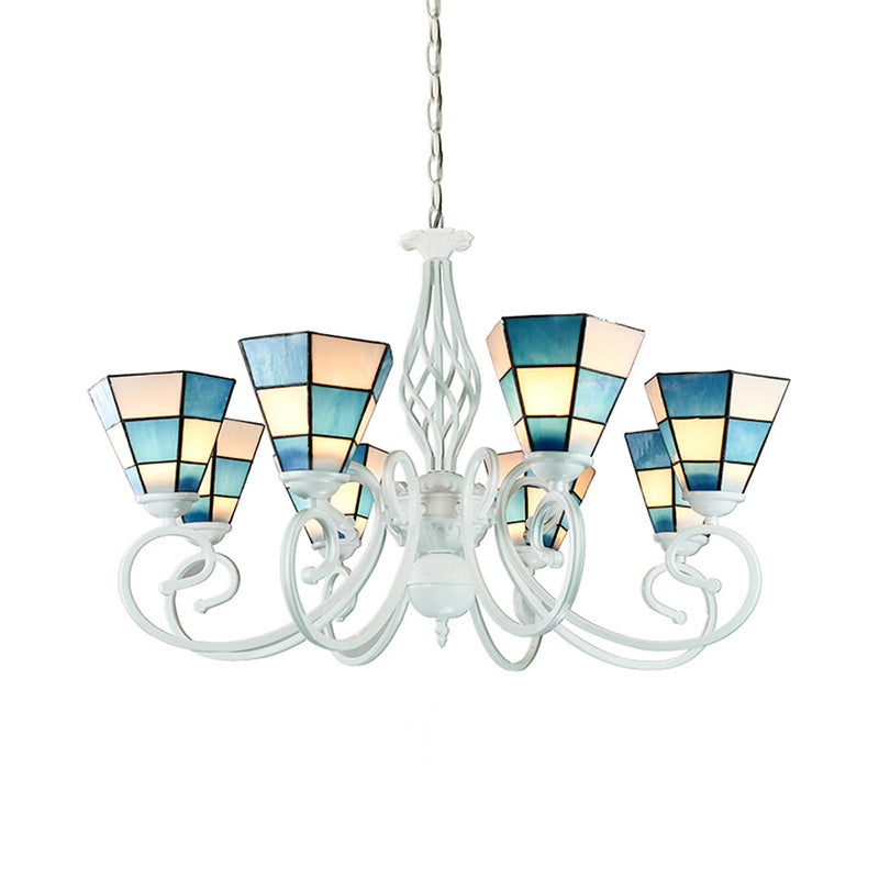 Lustre méditerranéen en forme de cône, bras courbé, 6/8 têtes, suspension en verre bleu - Idéal pour les salons