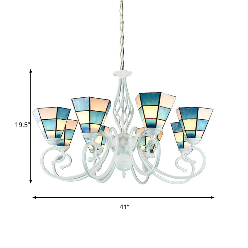 Lustre méditerranéen en forme de cône, bras courbé, 6/8 têtes, suspension en verre bleu - Idéal pour les salons