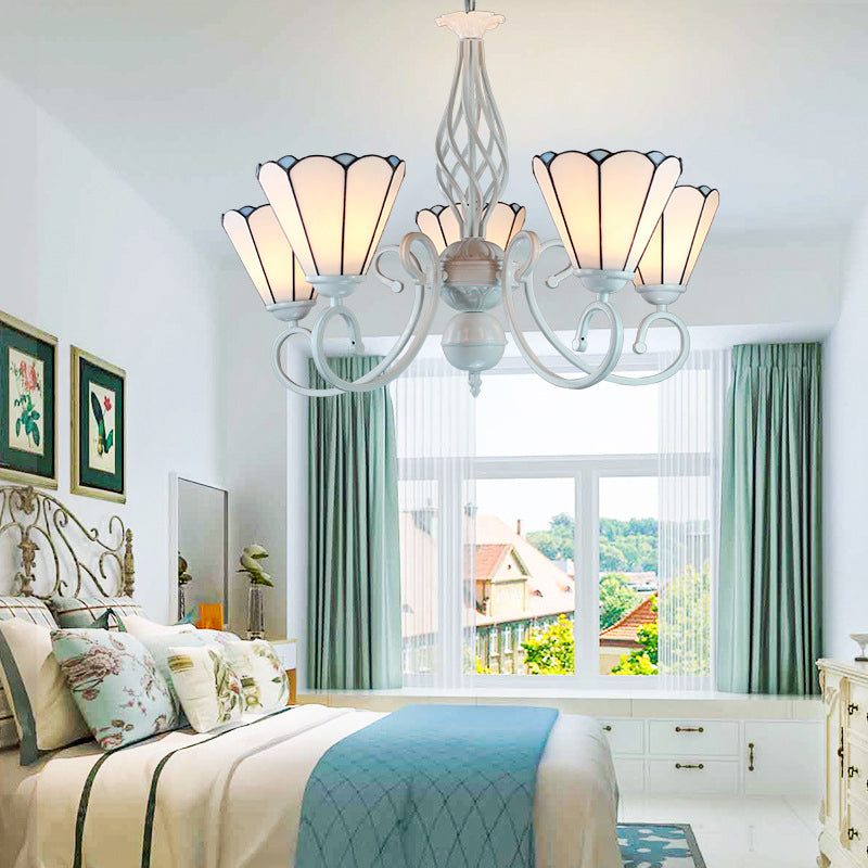 Lustre conique en verre blanc réglable avec 5 lumières - Suspension traditionnelle pour chambre à coucher
