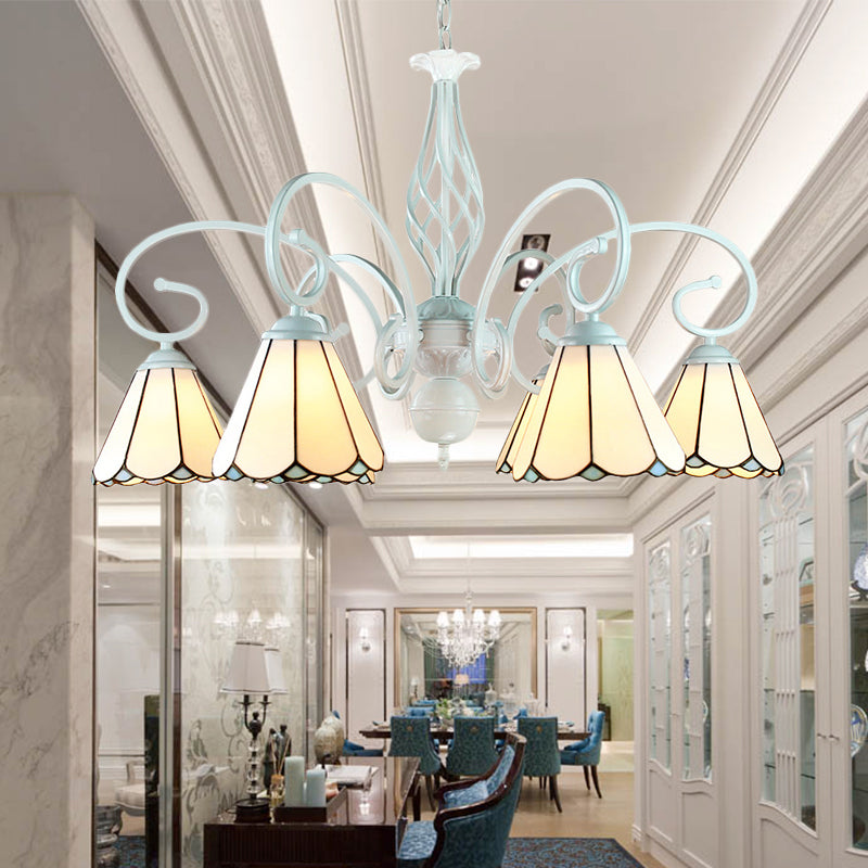Lustre suspendu conique en vitrail réglable avec chaîne en métal - 6/8 lumières en blanc - Style traditionnel