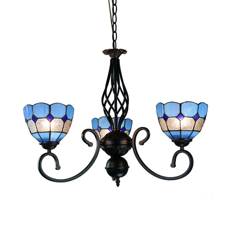 Suspension méditerranéenne en forme de bol : bras courbé, verre bleu, 3 lumières - Lustre de hall d'entrée