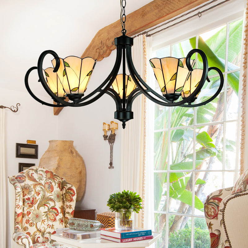 Lustre conique Tiffany avec vitrail et abat-jour beige pour chambre à coucher - 5/6/8 têtes