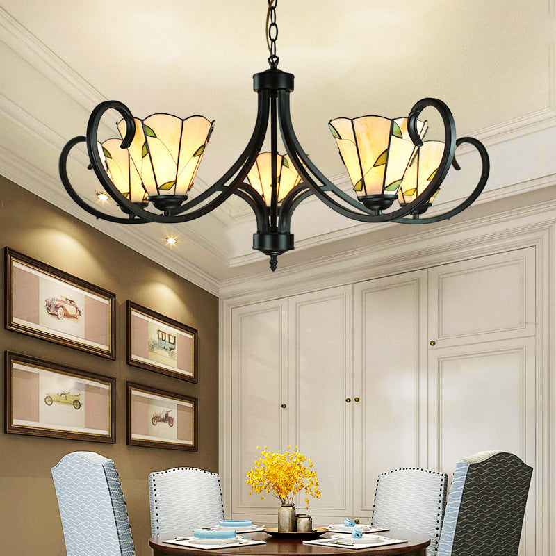 Lustre conique Tiffany avec vitrail et abat-jour beige pour chambre à coucher - 5/6/8 têtes
