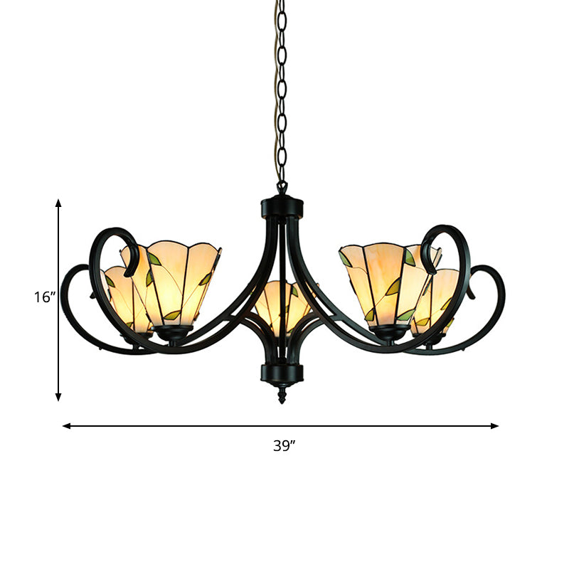 Lustre conique Tiffany avec vitrail et abat-jour beige pour chambre à coucher - 5/6/8 têtes