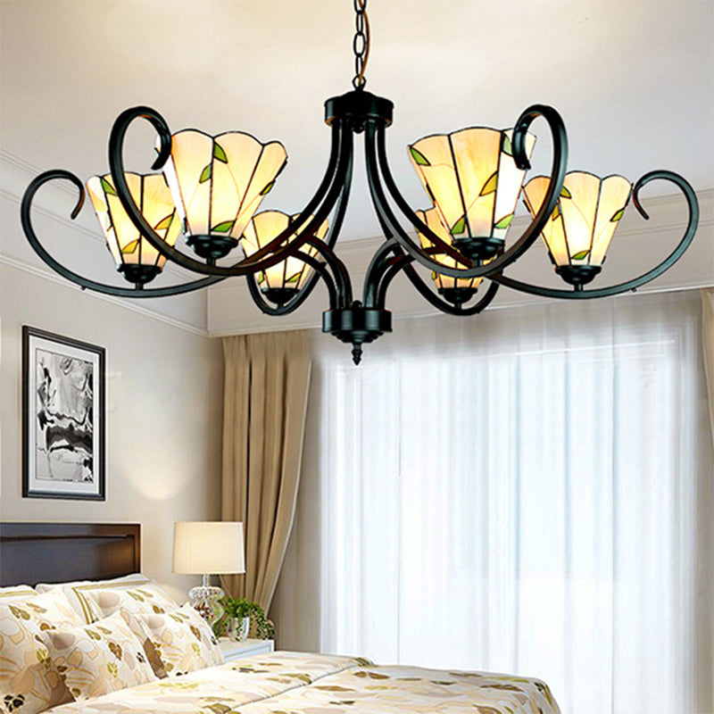 Lustre conique Tiffany avec vitrail et abat-jour beige pour chambre à coucher - 5/6/8 têtes