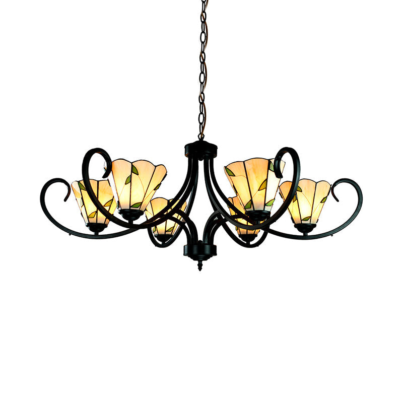 Lustre conique Tiffany avec vitrail et abat-jour beige pour chambre à coucher - 5/6/8 têtes