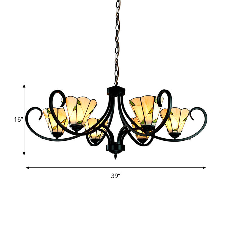 Lustre conique Tiffany avec vitrail et abat-jour beige pour chambre à coucher - 5/6/8 têtes