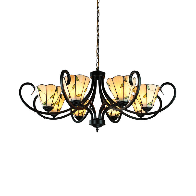 Lustre conique Tiffany avec vitrail et abat-jour beige pour chambre à coucher - 5/6/8 têtes