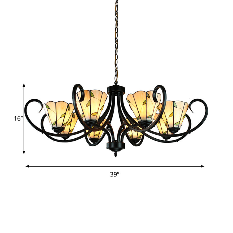 Lustre conique Tiffany avec vitrail et abat-jour beige pour chambre à coucher - 5/6/8 têtes