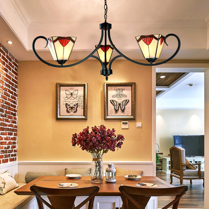 Mission Pendant Light: Stained Glass Shade Pyramid Chandelier 3 Lights In Red - Ideal For