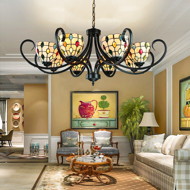 Tiffany Stained Glass Chandelier With Beads - 5/6/8 Lights Perfect Indoor Pendant For Living Room In