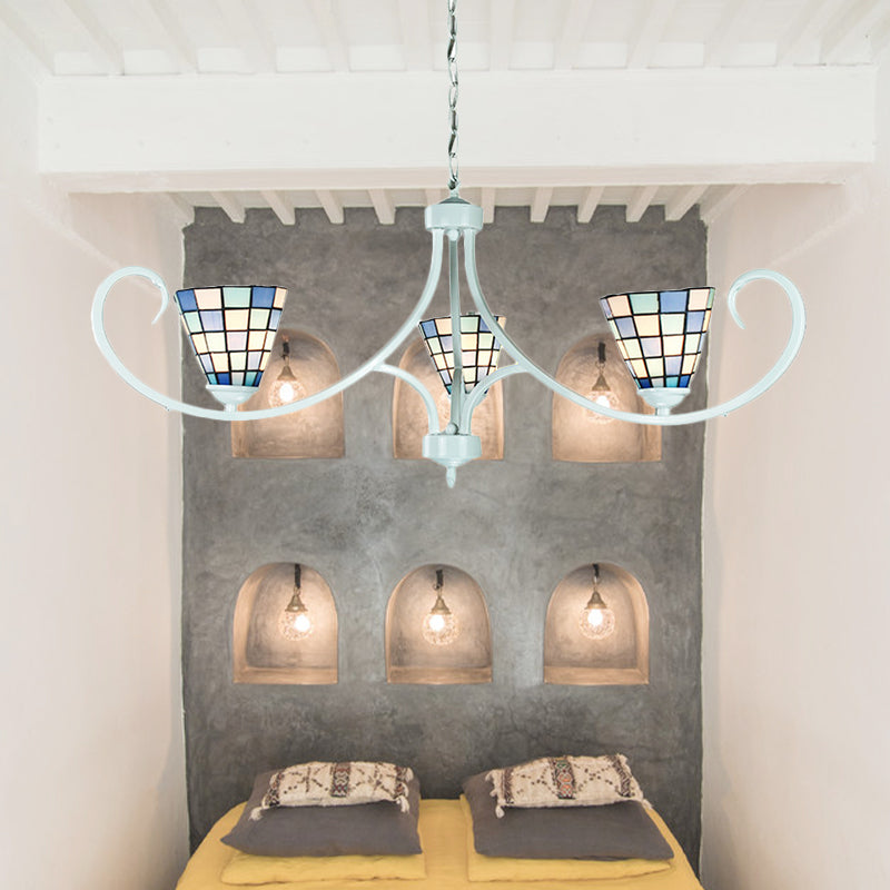 Adjustable Chain Cone Pendant Lighting - Traditional 3-Light Stained Glass Chandelier in Blue
