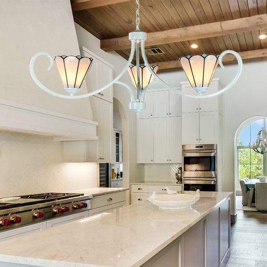 Lustre conique de style Tiffany avec bras incurvé et verre blanc - Plafonnier à 3 lumières