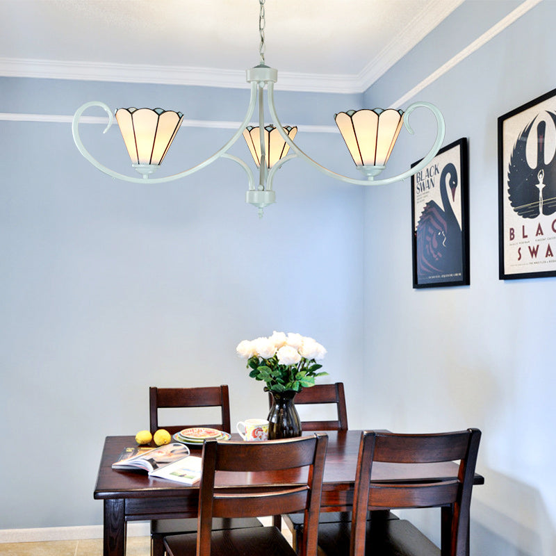 Tiffany Style Conical Chandelier with Curved Arm and White Glass - 3-Light Ceiling Fixture