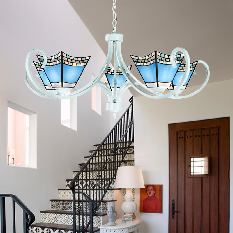 Lustre nautique avec pendentifs en verre bleu - 5/6/8 lumières en finition blanche pour le salon