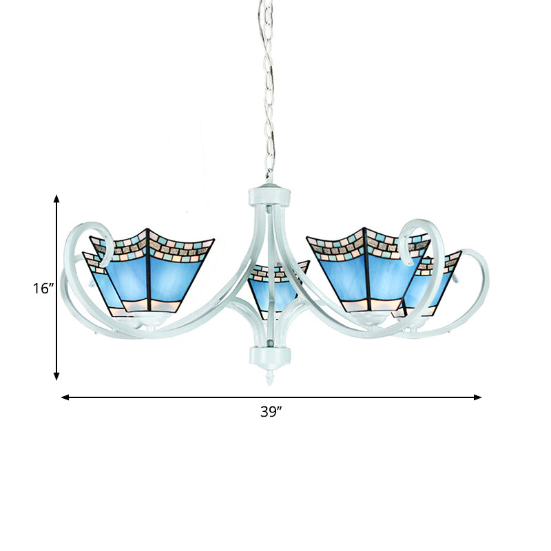 Lustre nautique avec pendentifs en verre bleu - 5/6/8 lumières en finition blanche pour le salon