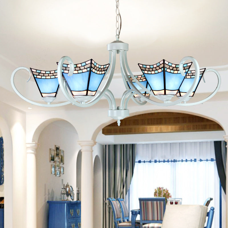Lustre nautique avec pendentifs en verre bleu - 5/6/8 lumières en finition blanche pour le salon