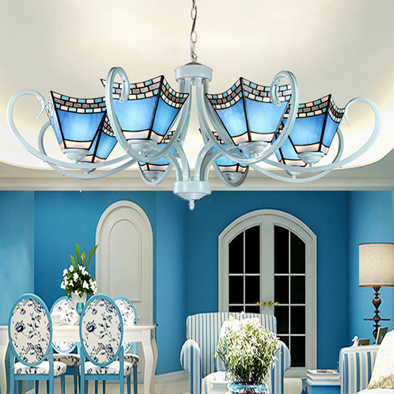Lustre nautique avec pendentifs en verre bleu - 5/6/8 lumières en finition blanche pour le salon