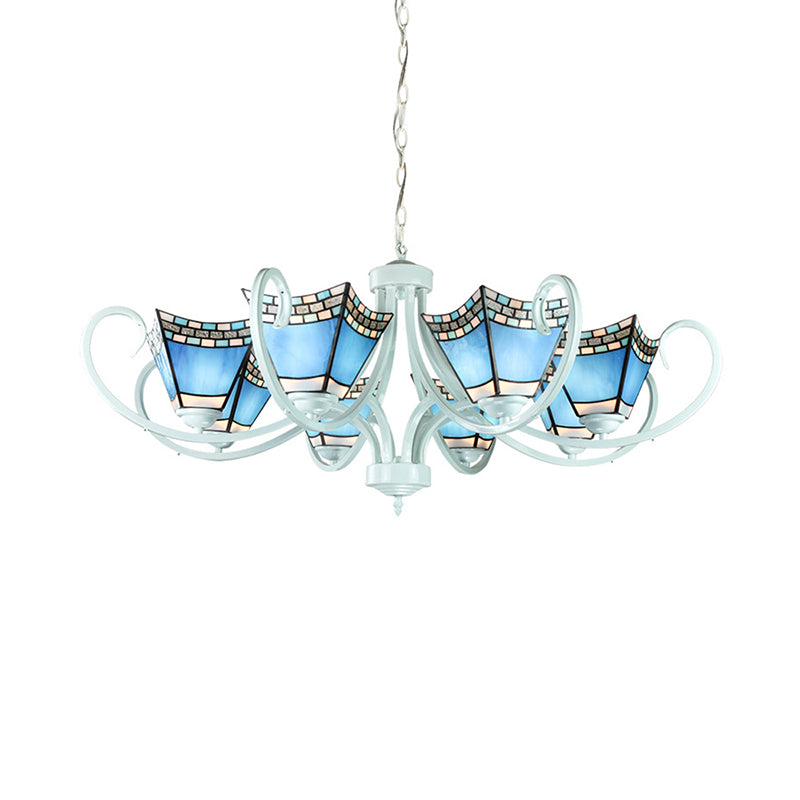 Lustre nautique avec pendentifs en verre bleu - 5/6/8 lumières en finition blanche pour le salon