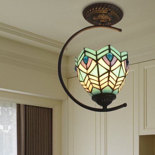 Blue Stained Glass Peacock Ceiling Mount Light - Tiffany Style Creative Lamp for Cafes