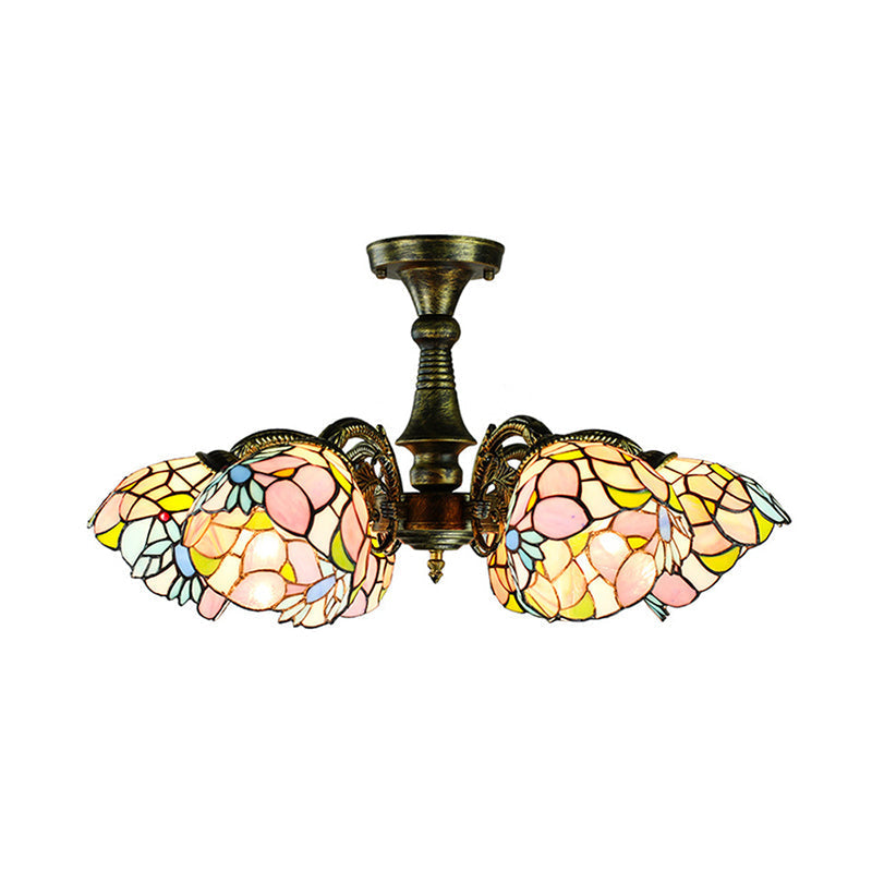 Lustre rustique en vitrail avec suspension à plusieurs lumières et accents en bronze