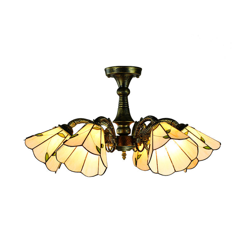 Lustre rustique en vitrail avec suspension à plusieurs lumières et accents en bronze