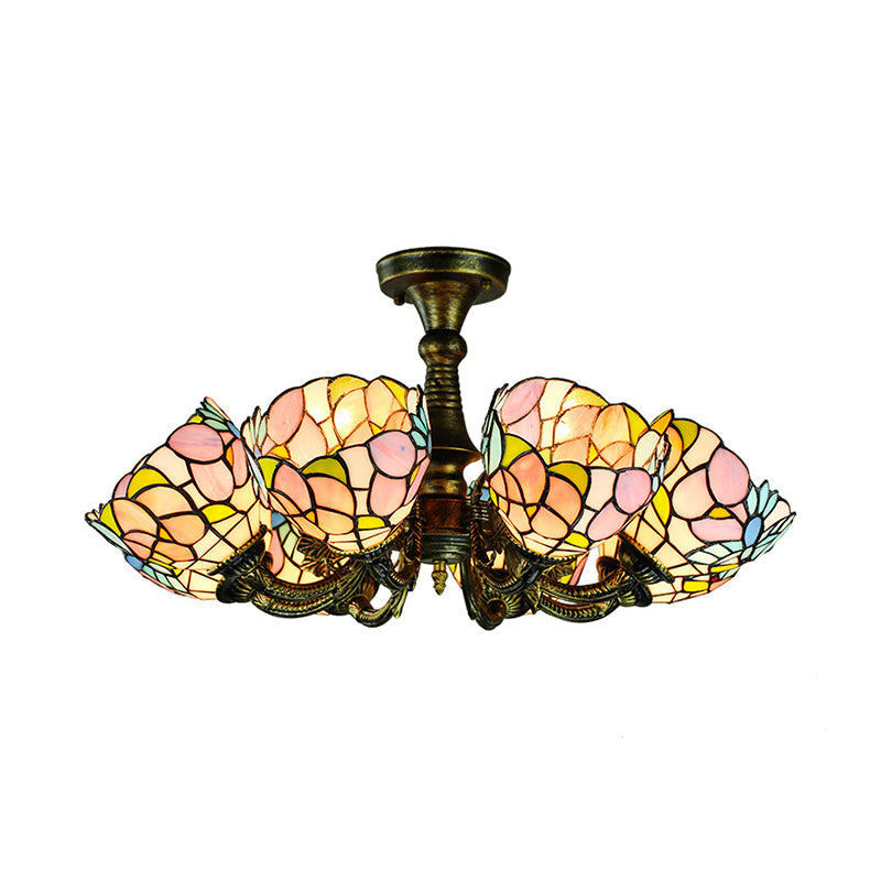 Lustre rustique en vitrail avec suspension à plusieurs lumières et accents en bronze