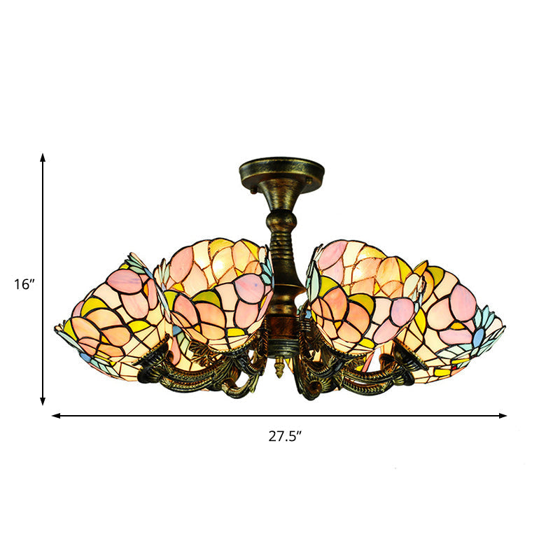 Lustre rustique en vitrail avec suspension à plusieurs lumières et accents en bronze
