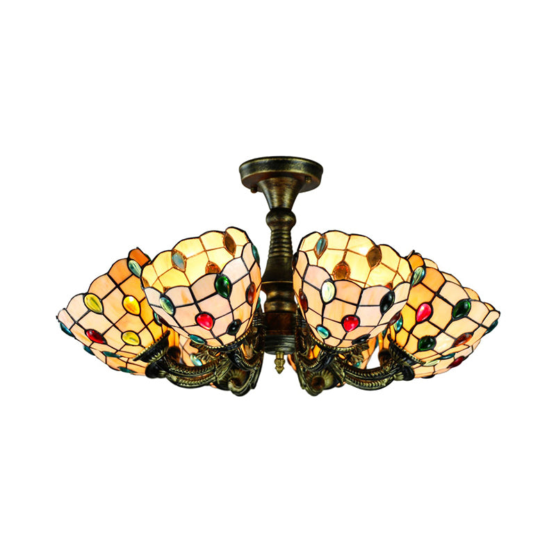 Lustre rustique en vitrail avec suspension à plusieurs lumières et accents en bronze