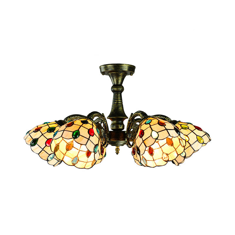 Lustre rustique en vitrail avec suspension à plusieurs lumières et accents en bronze