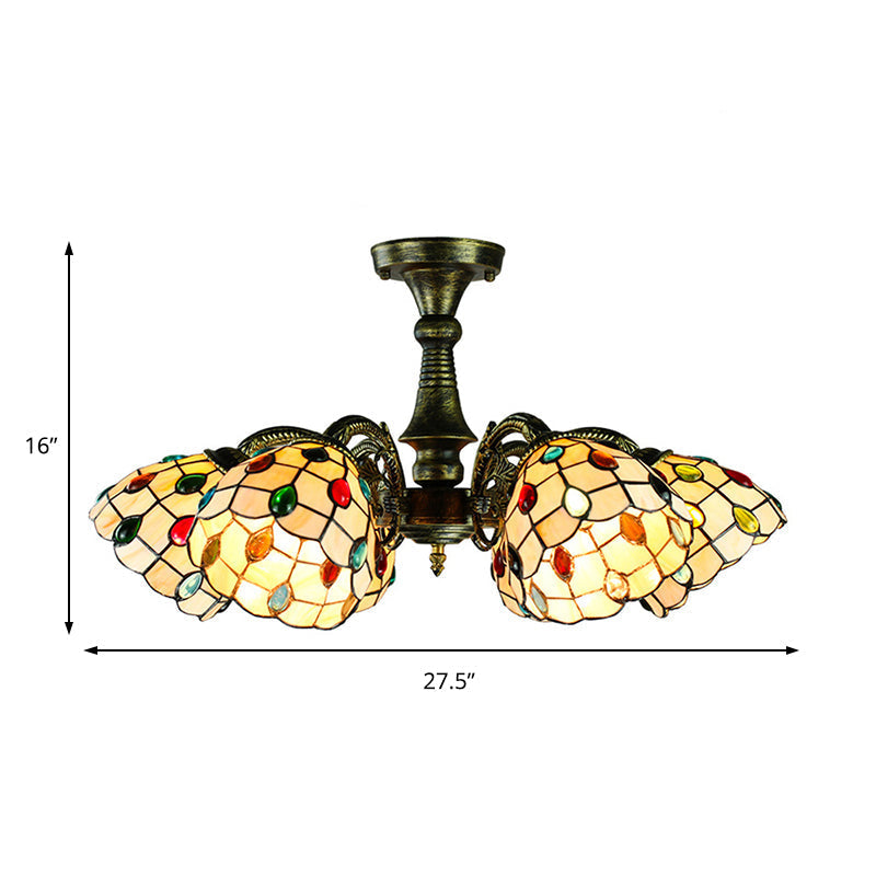 Lustre rustique en vitrail avec suspension à plusieurs lumières et accents en bronze