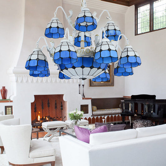 Suspension Tiffany à motif de grille bleue avec 15 lumières de lustre en verre teinté et décoration de sirène