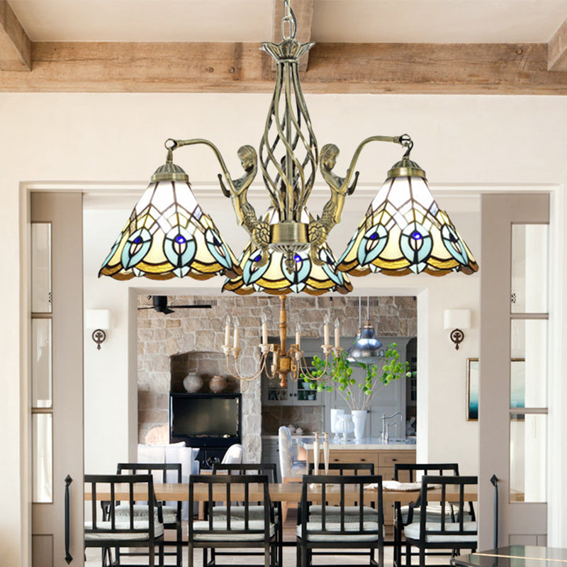 Lustre en vitrail Tiffany avec décoration sirène et 3 lumières