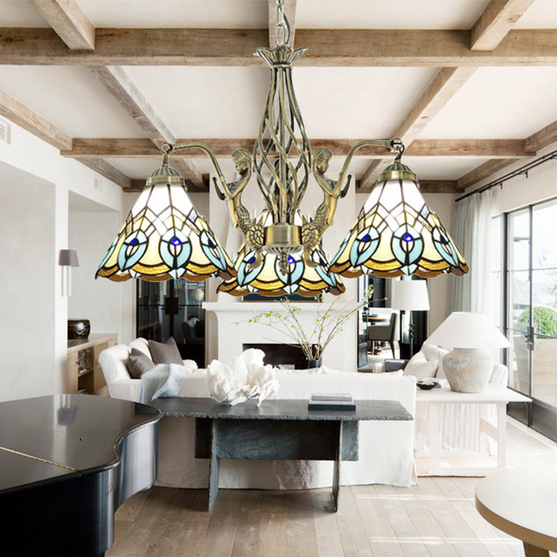 Lustre en vitrail Tiffany avec décoration sirène et 3 lumières