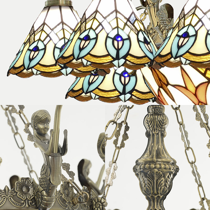 Lustre en vitrail Tiffany avec décoration sirène et 3 lumières